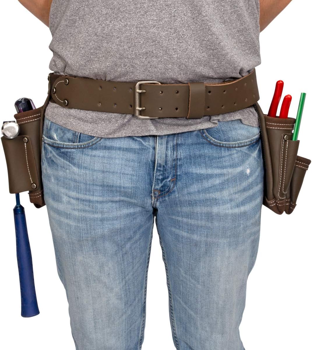 Estwing 94744 Werkzeugschürze aus 100% Rindsleder mit 7 Taschen, 2 Werkzeugschlaufen und Hammerhalter, genietete Verstärkungen, Stahl-Doppelzungenschnalle, passend für 76–132 cm Taillenumfang robustes