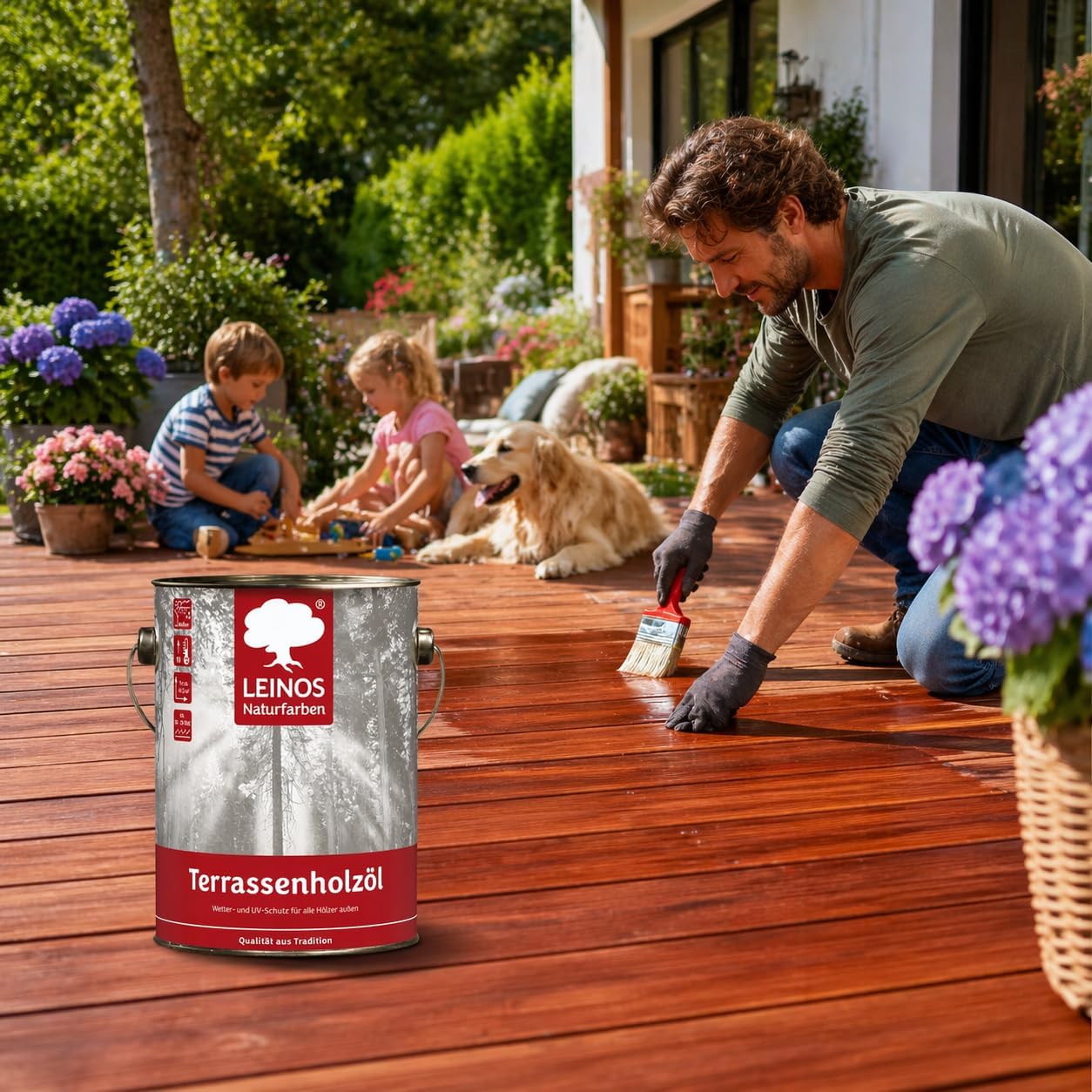 Leinos Terrassenholzöl 10,00 l – rötliches Premium Holzschutzöl für außen, ideal für Lärche, Eiche, Akazie & Teak – Teaköl & Lärchenöl für Terrassen, Zäune, Gartenmöbel, Kinderspielgeräte & mehr