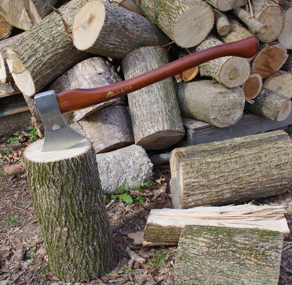 STUBAI Astbeil 1200 g Kopfgewicht, Nirolook-Kopf, Messing-Stielschutz, Eschenstiel dunkelbraun hochglanzlackiert, 700 mm Länge, inkl. schwarzem Schneidenschutz (Art.-Nr. 671604NRM)