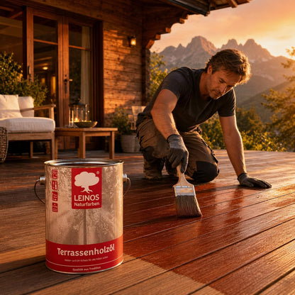 Leinos Terrassenholzöl 10,00 l – rötliches Premium Holzschutzöl für außen, ideal für Lärche, Eiche, Akazie & Teak – Teaköl & Lärchenöl für Terrassen, Zäune, Gartenmöbel, Kinderspielgeräte & mehr