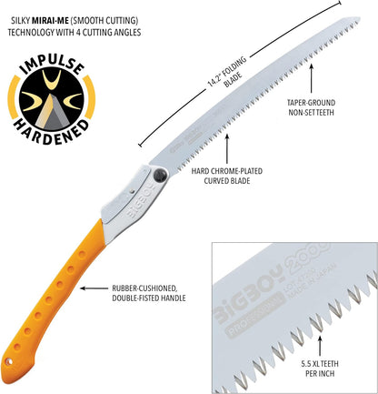 SILKY Bigboy  Klappsäge gelber Griff | 360 mm Sägeblatt | Mirai-Me Verzahnung 6,5 Zähne/30 mm | japanische Zugsäge | hartverchromt | ergonomischer Gummigriff | leistungsstarke Astsäge