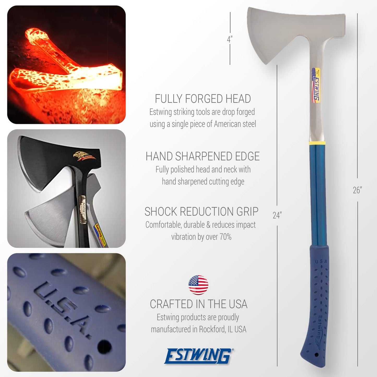 ESTWING Lange Axt mit blauen Vinylgriff, 100mm | Gewicht  1730g |  mit Nylon Schutzhülle | Campers Stahl Axe mit Metall-Griff und Nylon Vinyl Shock Reduction Grip