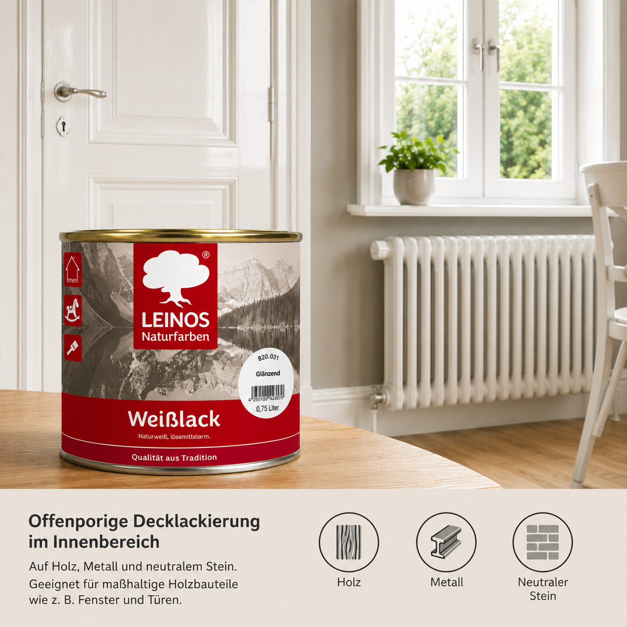 LEINOS 820 Weißlack Glänzend | 2,5 L Innen & Außen | Wohngesunder Naturharz-Öl Lack, wetterfest & strapazierfähig | ca. 20 m² Reichweite | Für Türen, Fenster, Möbel & Holzflächen | Profiqualität