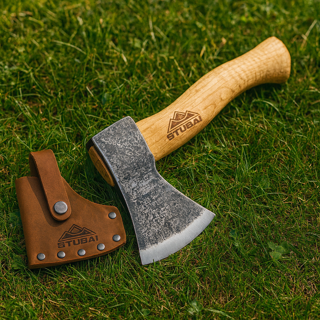 STUBAI Campingbeil Serles 800 g – Handgeschmiedet aus Kohlenstoffstahl, 240 mm, inkl. Lederscheide, geölter Hickorystiel – Outdoor, Bushcraft, Survival