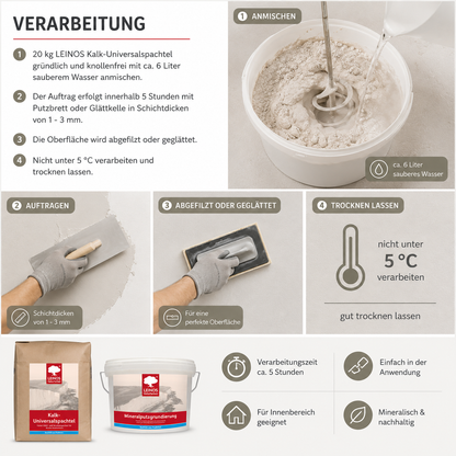 LEINOS Kalk-Universalspachtel 683, weiß – Mineralische Spachtelmasse für Wand & Decke innen, atmungsaktiv, schimmelhemmend, lösemittelfrei, glättbar & strukturierbar, auf Putz, Lehm, Gips – 5 kg
