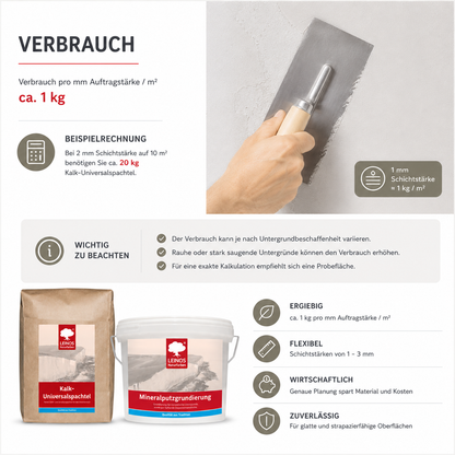 LEINOS Kalk-Universalspachtel 683, weiß – Mineralische Spachtelmasse für Wand & Decke innen, atmungsaktiv, schimmelhemmend, lösemittelfrei, glättbar & strukturierbar, auf Putz, Lehm, Gips – 5 kg