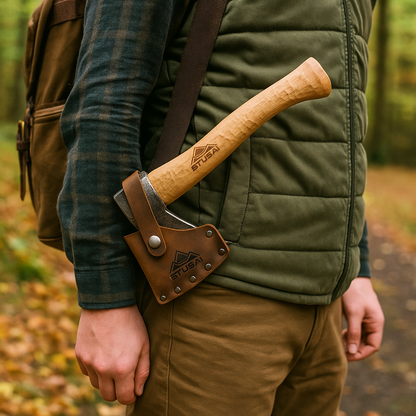 STUBAI Campingbeil „Habicht“ 1.100 g – Handgeschmiedet aus Kohlenstoffstahl, 340 mm, geölter Hickorystiel, Lederscheide – Outdoor, Bushcraft, Survival