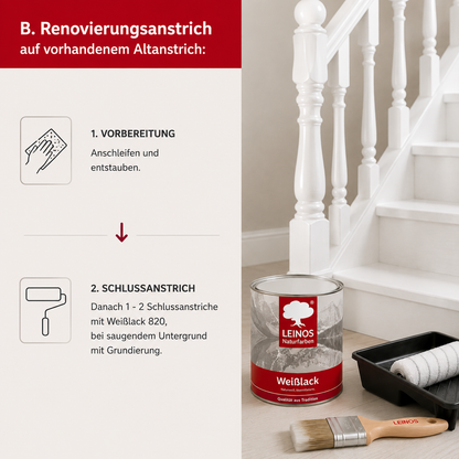 LEINOS 820 Weißlack Glänzend | 0,25 L Innen & Außen | Wohngesunder Naturharz-Öl Lack, wasserfest & langlebig | ca. 2 m² Reichweite | Für kleine Flächen, Möbelstücke & Ausbesserungen