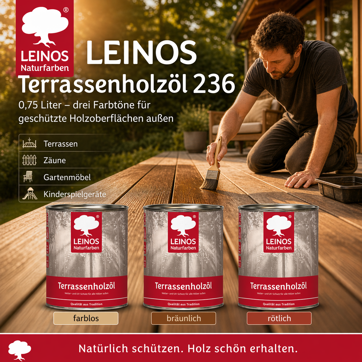 LEINOS Terrassenholzöl 236 | 0,75 Liter | Hochwertiges Holzöl für außen | Für Terrassen, Zäune, Kinderspielgeräte | Farbton: farblos | Tiefer Holzschutz & leichte Anwendung