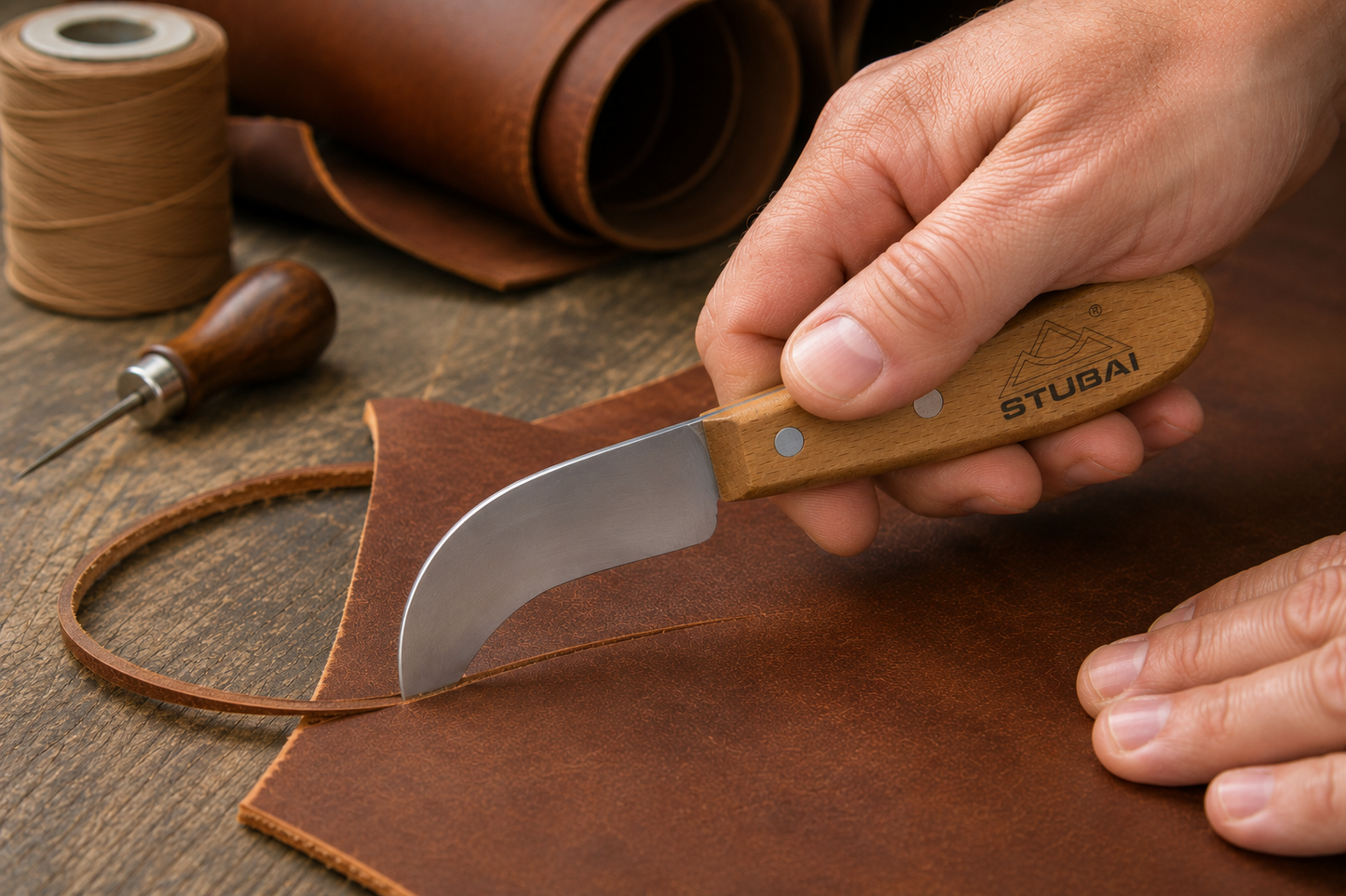STUBAI Ledermesser 100 mm – gebogene Klinge aus gehärtetem Stahl, scharf & robust – Holzgriff, ideal für Leder, Teppich, Dachpappe, Outdoor & Gartenarbeiten