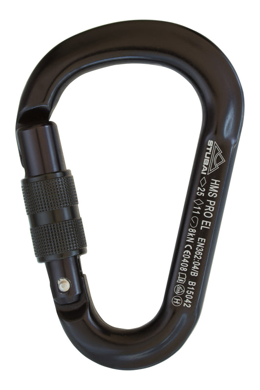 STUBAI HMS Karabiner SCHWARZ | Schraubkarabiner 97×65 mm mit Easylock Keylock-Verschluss | EN 12275/EN 362/UIAA 121 zertifiziert, 21/7/8 kN, Schnapperöffnung 23 mm, 100 g, für Klettern & Bergsteigen