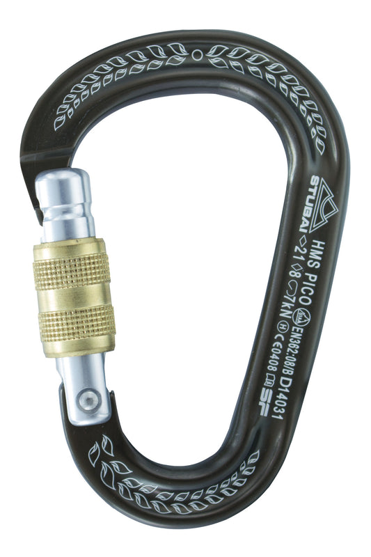 HMS Pico Easylock Karabiner bronze | 97 × 65 mm | EN 12275, EN 362, UIAA 121 | Bruchlast 21 kN längs, 7 kN offen, 8 kN quer | Schnapperöffnung 20 mm | Gewicht 60 g | Klettern & Sicherung