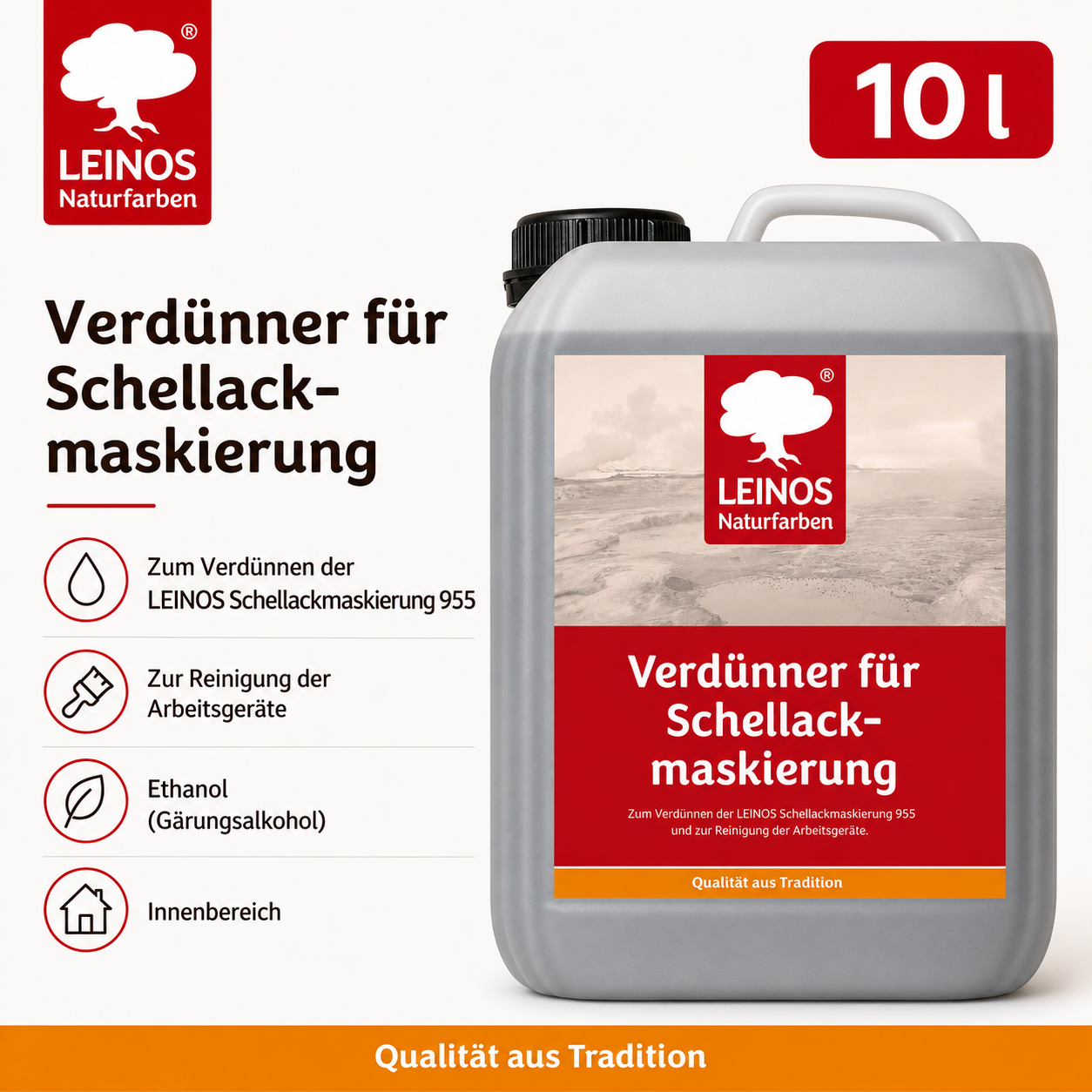 LEINOS 956 Verdünner für Schellackmaskierung 10,0 l – Ethanol zur Verdünnung von Schellack-Maskierung, zur Reinigung von Werkzeugen und Geräten, für professionelle Anwendungen im Innenbereich genutzt.