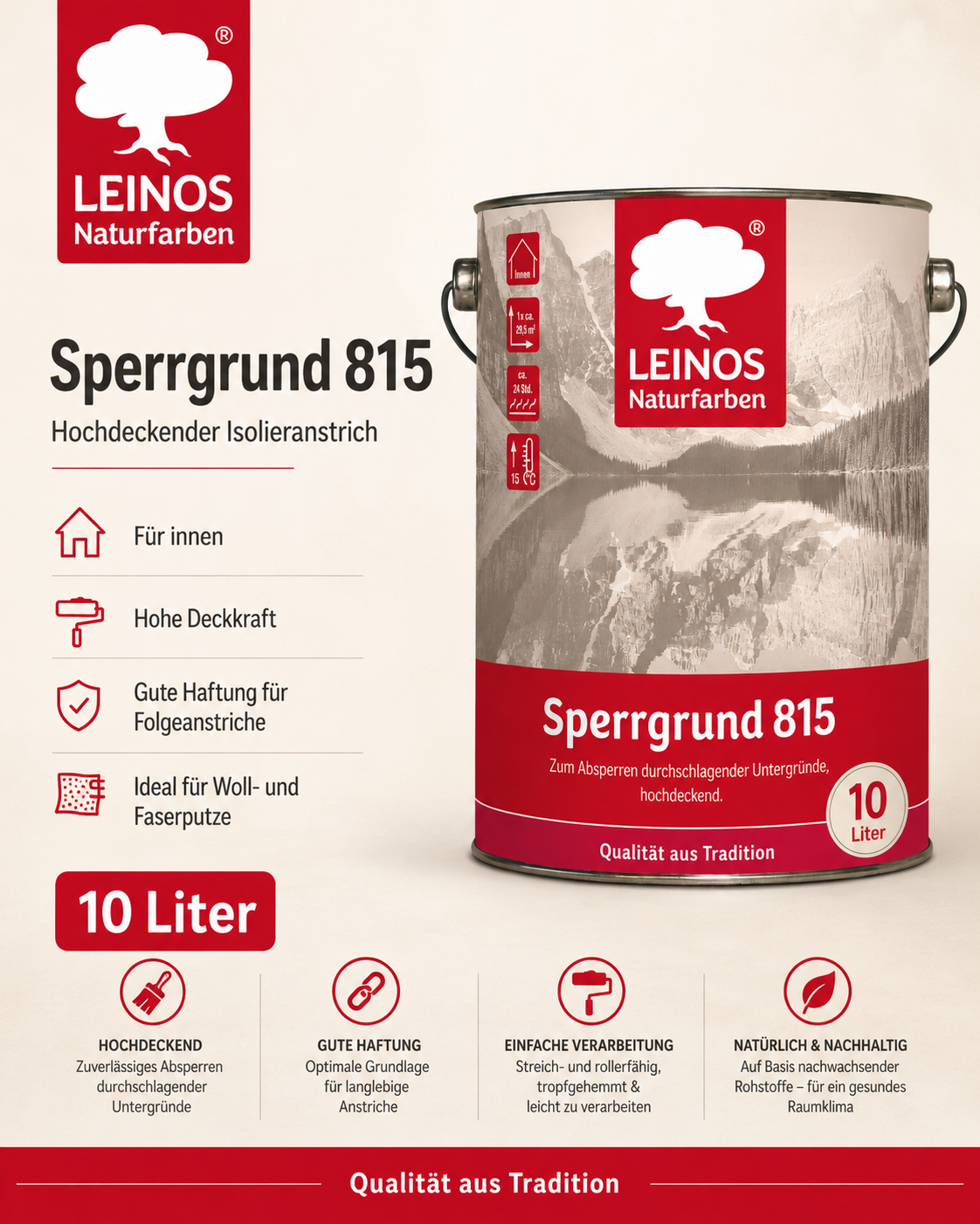 LEINOS 815 Sperrgrund 10 Liter  | Hochdeckend: Erzeugt einen weißen, leicht rauen Untergrund, der für nachfolgende Anstriche gute Haftung bietet