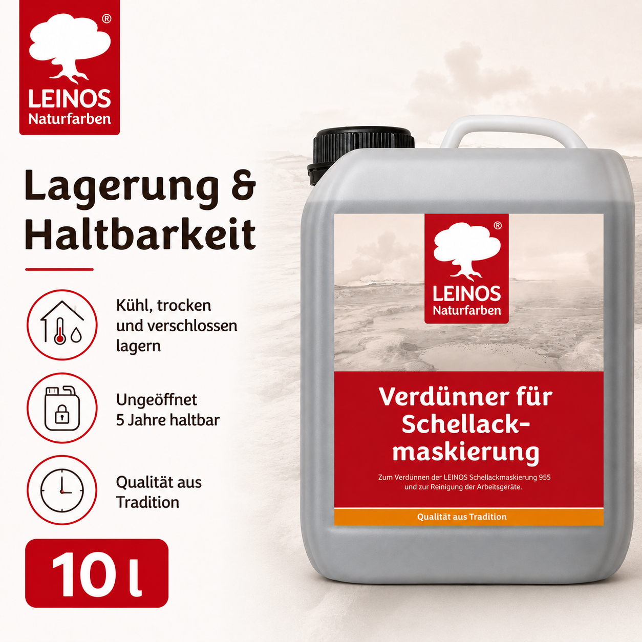 LEINOS 956 Verdünner für Schellackmaskierung 10,0 l – Ethanol zur Verdünnung von Schellack-Maskierung, zur Reinigung von Werkzeugen und Geräten, für professionelle Anwendungen im Innenbereich genutzt.