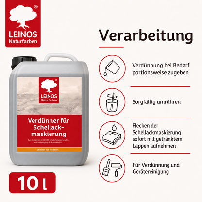 LEINOS 956 Verdünner für Schellackmaskierung 10,0 l – Ethanol zur Verdünnung von Schellack-Maskierung, zur Reinigung von Werkzeugen und Geräten, für professionelle Anwendungen im Innenbereich genutzt.