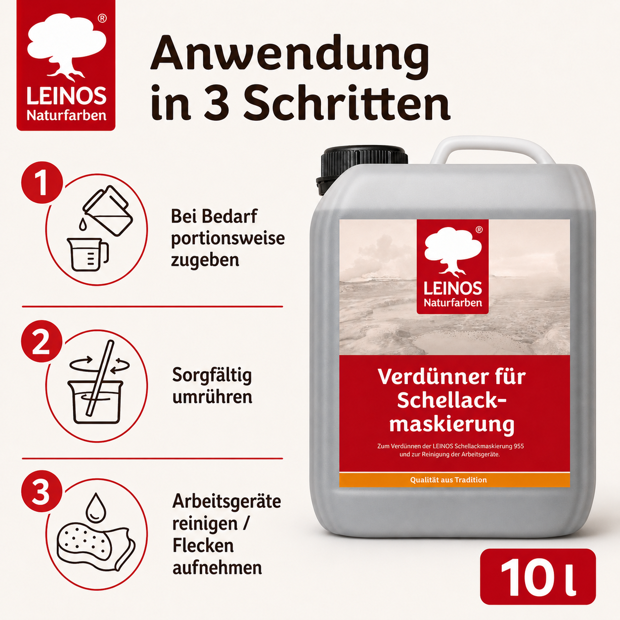 LEINOS 956 Verdünner für Schellackmaskierung 10,0 l – Ethanol zur Verdünnung von Schellack-Maskierung, zur Reinigung von Werkzeugen und Geräten, für professionelle Anwendungen im Innenbereich genutzt.