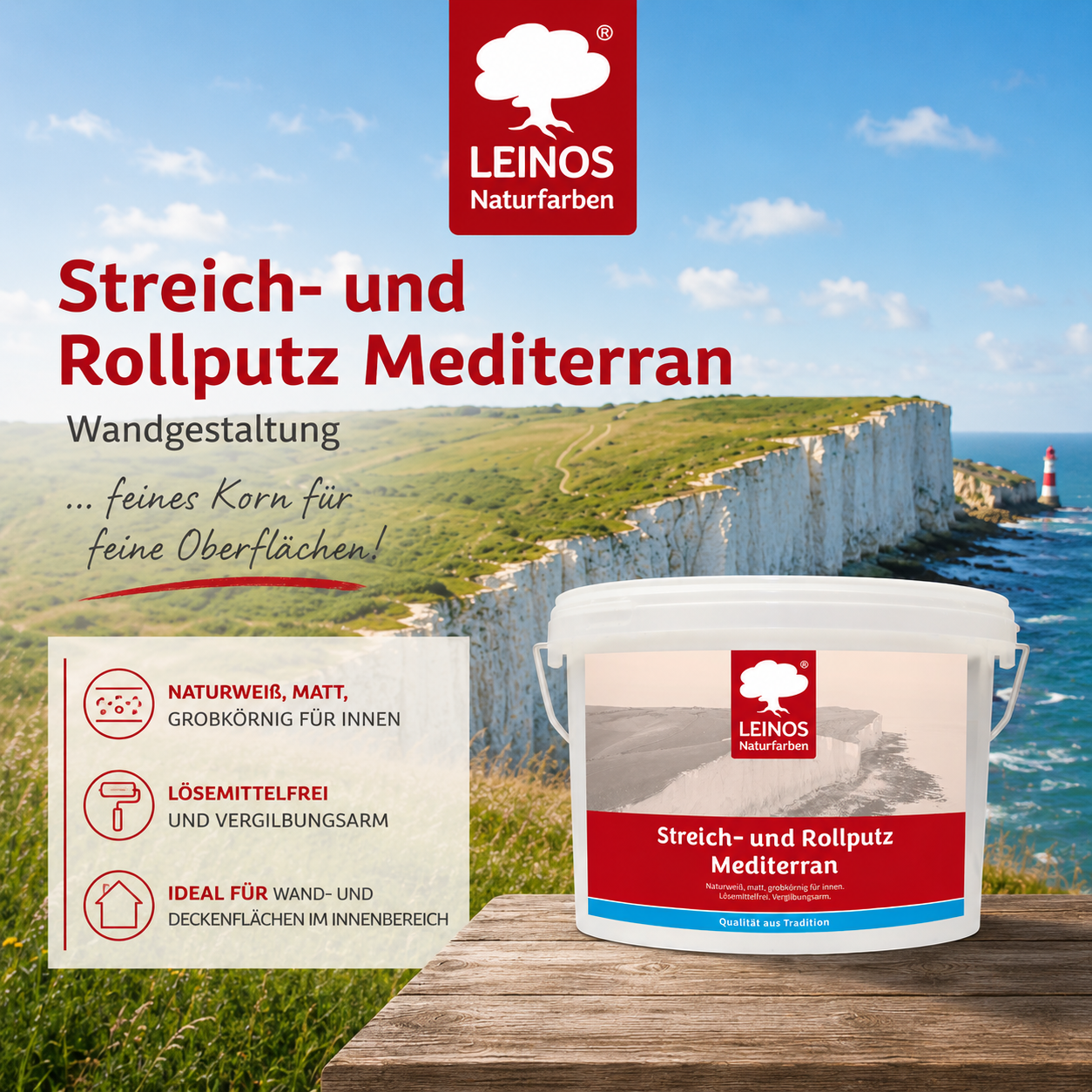 LEINOS Streich- und Rollputz mediterran 680, weiß – Dekorativer Strukturputz für Innen, lösemittelfrei, atmungsaktiv, gebrauchsfertig, mediterrane Optik, auf Lehm, Kalk, Putz, Altanstrich – 10Liter