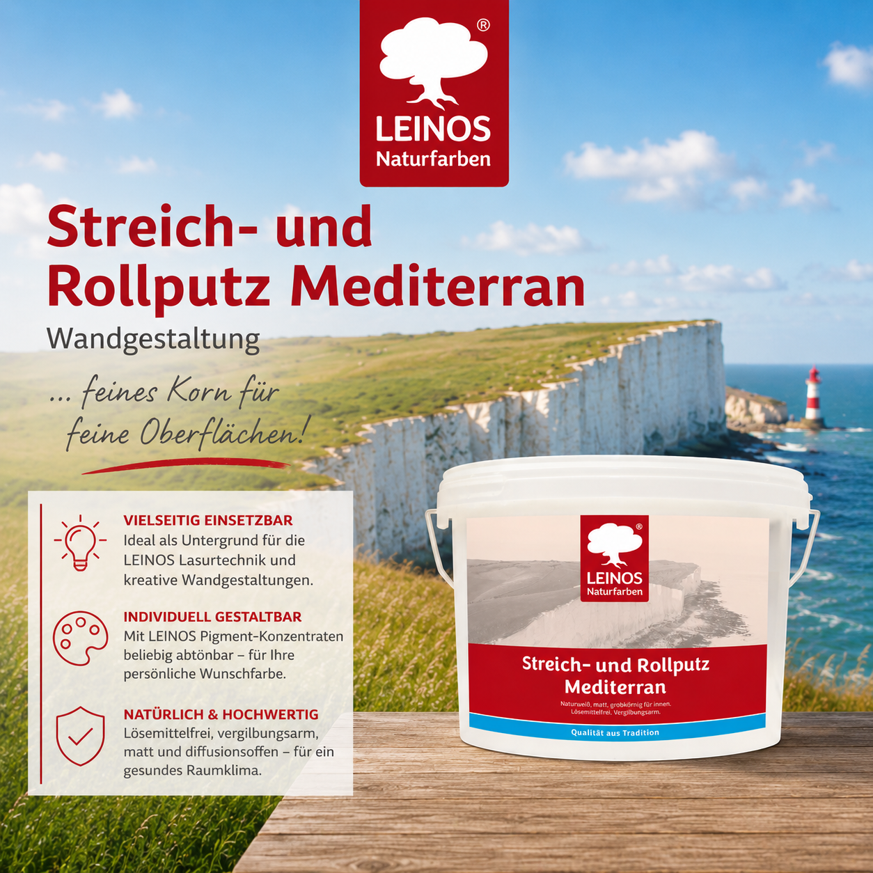 LEINOS Streich- und Rollputz mediterran 680, weiß – Dekorativer Strukturputz für Innen, lösemittelfrei, atmungsaktiv, gebrauchsfertig, mediterrane Optik, auf Lehm, Kalk, Putz, Altanstrich – 10Liter