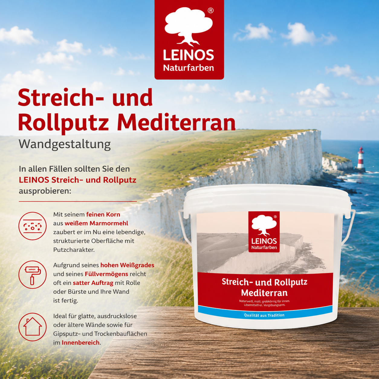 LEINOS Streich- und Rollputz mediterran 680, weiß – Dekorativer Strukturputz für Innen, lösemittelfrei, atmungsaktiv, gebrauchsfertig, mediterrane Optik, auf Lehm, Kalk, Putz, Altanstrich – 10Liter