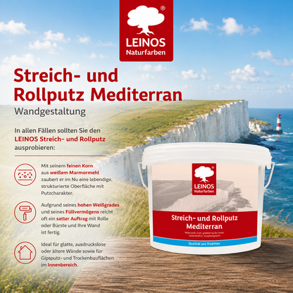 LEINOS Streich- und Rollputz mediterran 680, weiß – Dekorativer Strukturputz für Innen, lösemittelfrei, atmungsaktiv, gebrauchsfertig, mediterrane Optik, auf Lehm, Kalk, Putz, Altanstrich – 10Liter