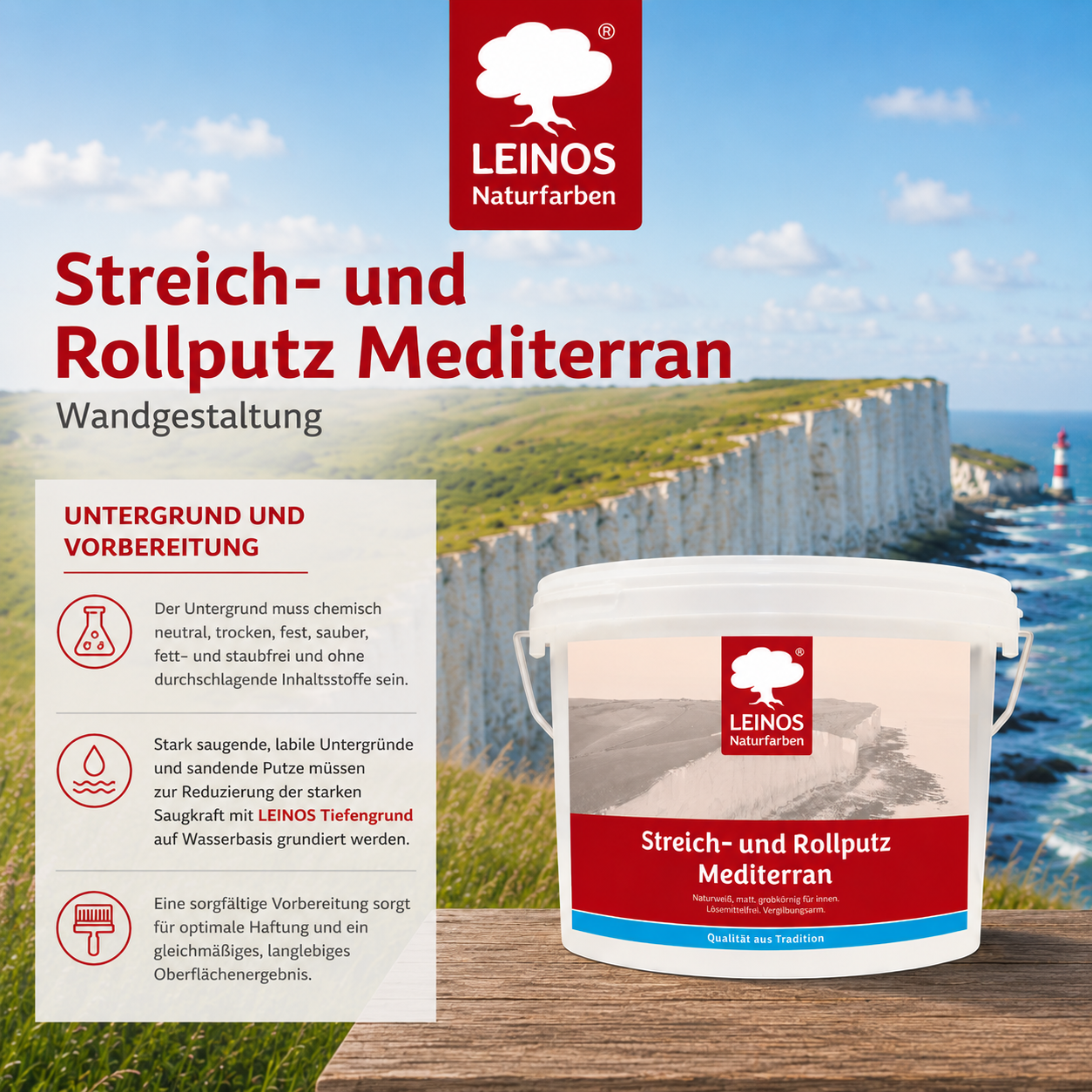 LEINOS Streich- und Rollputz mediterran 680, weiß – Dekorativer Strukturputz für Innen, lösemittelfrei, atmungsaktiv, gebrauchsfertig, mediterrane Optik, auf Lehm, Kalk, Putz, Altanstrich – 10Liter