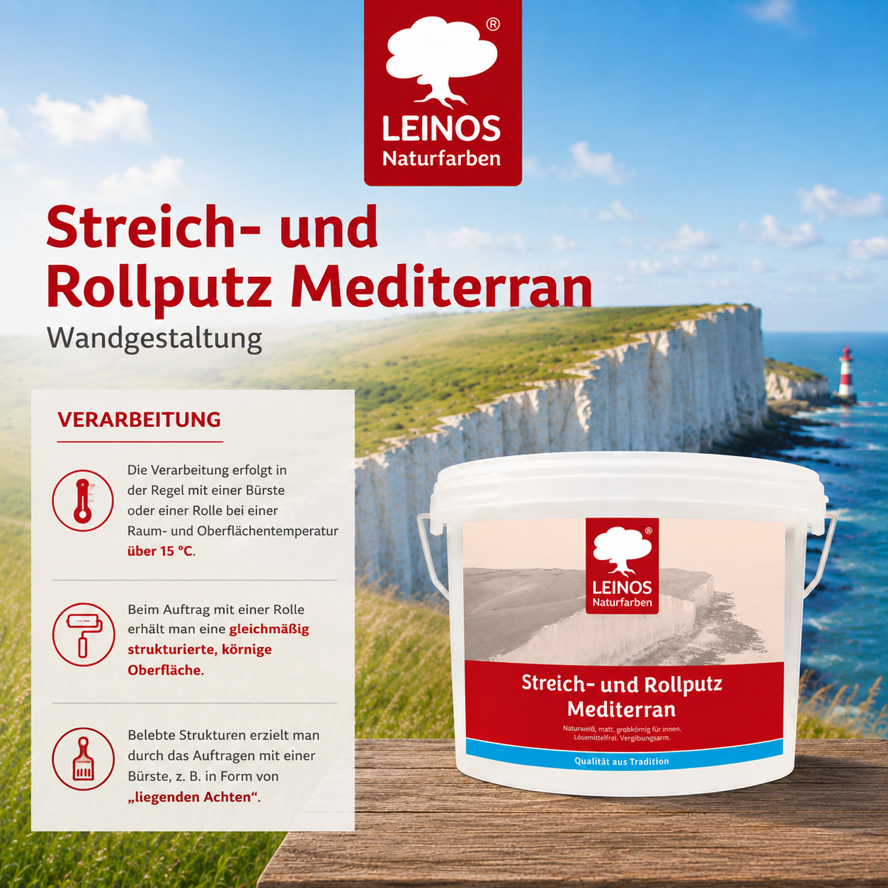 LEINOS Streich- und Rollputz mediterran 680, weiß – Dekorativer Strukturputz für Innen, lösemittelfrei, atmungsaktiv, gebrauchsfertig, mediterrane Optik, auf Lehm, Kalk, Putz, Altanstrich – 10Liter