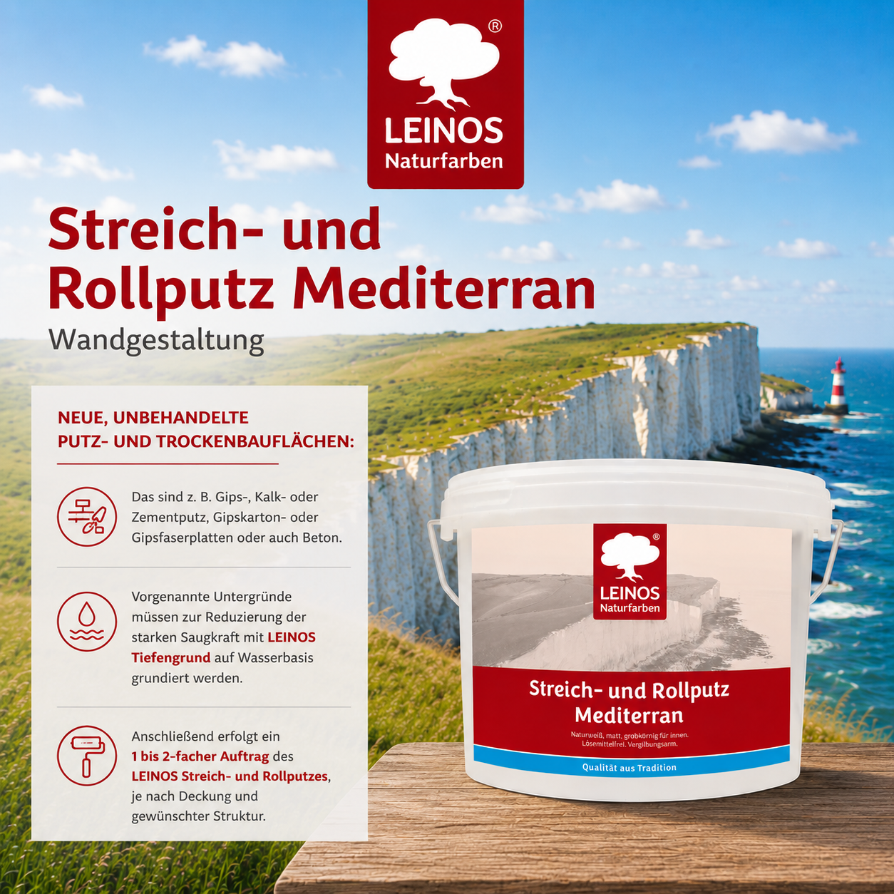 LEINOS Streich- und Rollputz mediterran 680, weiß – Dekorativer Strukturputz für Innen, lösemittelfrei, atmungsaktiv, gebrauchsfertig, mediterrane Optik, auf Lehm, Kalk, Putz, Altanstrich – 10Liter