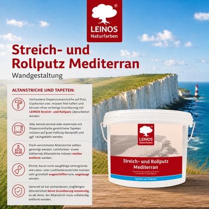 LEINOS Streich- und Rollputz mediterran 680, weiß – Dekorativer Strukturputz für Innen, lösemittelfrei, atmungsaktiv, gebrauchsfertig, mediterrane Optik, auf Lehm, Kalk, Putz, Altanstrich – 2,5