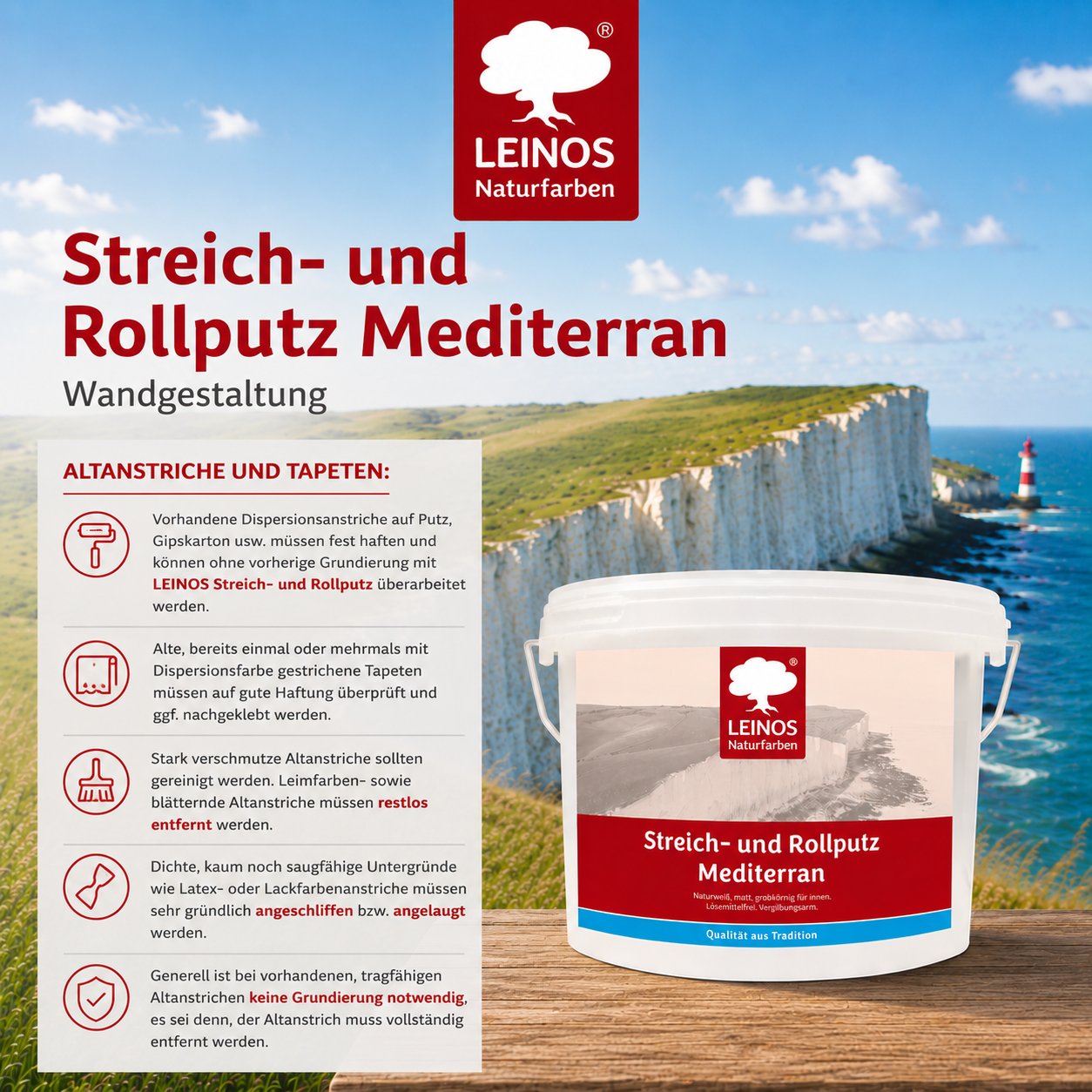 LEINOS Streich- und Rollputz mediterran 680, weiß – Dekorativer Strukturputz für Innen, lösemittelfrei, atmungsaktiv, gebrauchsfertig, mediterrane Optik, auf Lehm, Kalk, Putz, Altanstrich – 10Liter