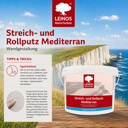 LEINOS Streich- und Rollputz mediterran 680, weiß – Dekorativer Strukturputz für Innen, lösemittelfrei, atmungsaktiv, gebrauchsfertig, mediterrane Optik, auf Lehm, Kalk, Putz, Altanstrich – 10Liter
