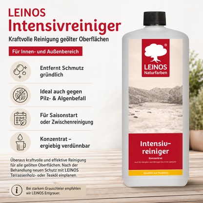 LEINOS Intensivreiniger 0,5 Liter – kraftvoller Holzreiniger für innen & außen – entfernt Schmutz, Algen & Pilze – für Terrassen, Zäune, Stein & Holz – hochkonzentriert & ergiebig