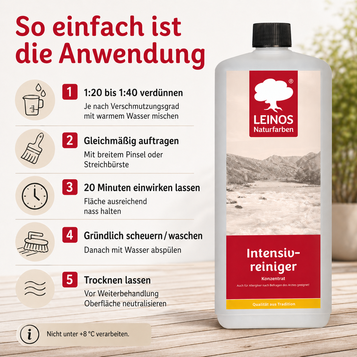LEINOS Intensivreiniger 1Liter – kraftvoller Holzreiniger für innen & außen – entfernt Schmutz, Algen & Pilze – für Terrassen, Zäune, Stein & Holz – hochkonzentriert & ergiebig
