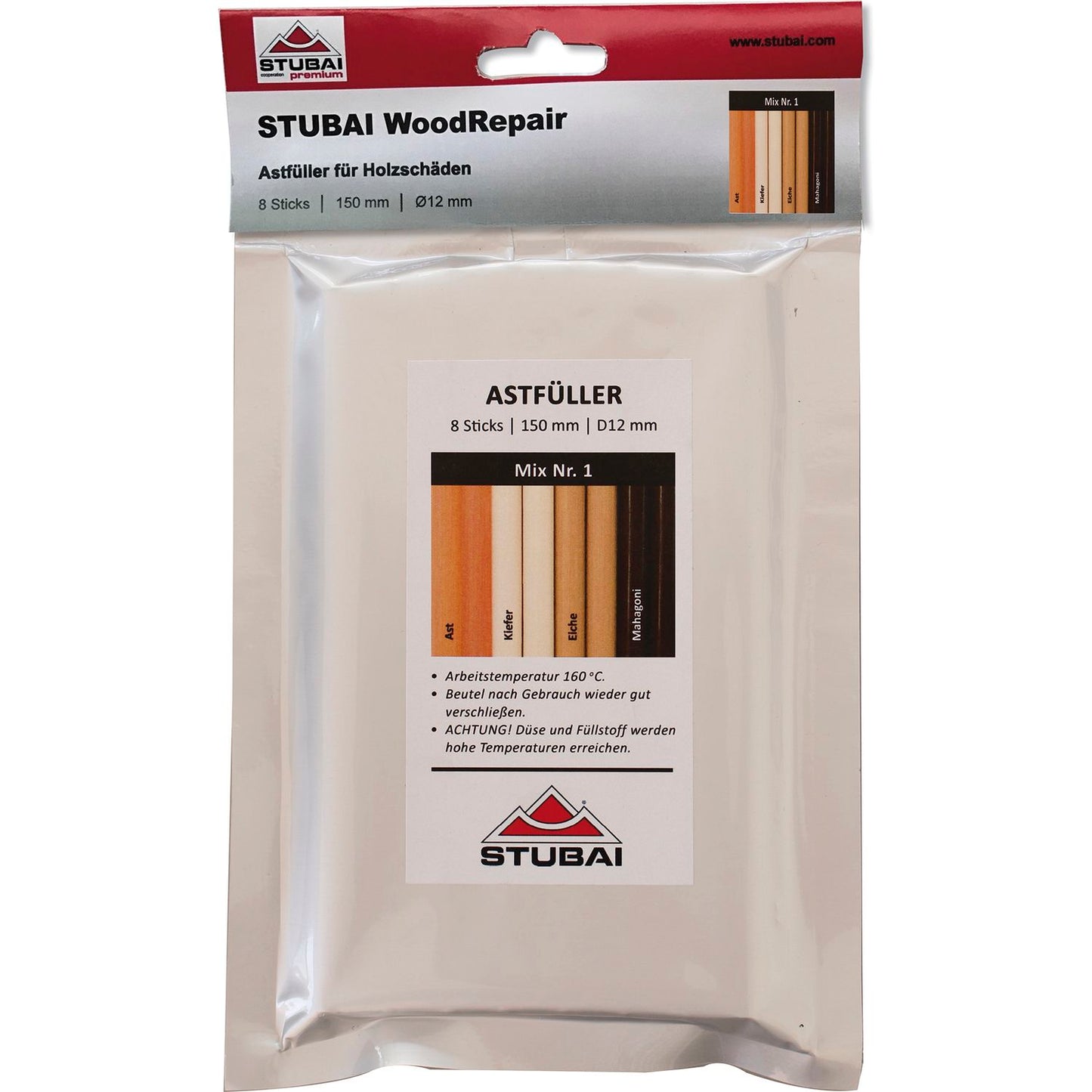 STUBAI WoodRepair Holzreparatur Set BASIC mit Astfüller-Pistole 80W & 8 Stäben Mix 1 – für Knoten, Risse und Holzschäden – Reparatur für Fenster, Parkett, Möbel – Profi & Heimwerker Set im Koffer