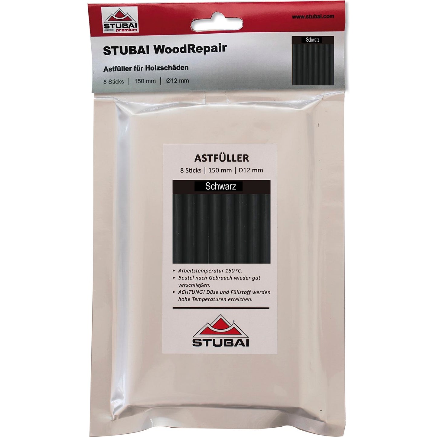 STUBAI/WOOD REPAIR Astfüller SCHWARZ 150 mm 8 Stäbe Ø12 mm für präzise Holzreparatur Möbel Fenster Rahmen Astlöcher UV-beständig elastisch wetterfest für Innen Außen langlebig schnell repariert!