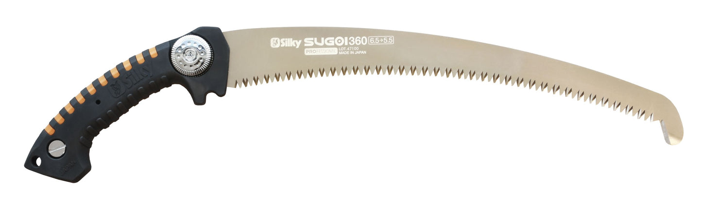 SILKY Baumsäge Sugoi 360 mm | gebogene Zugsäge 6,5 Zähne/30 mm Mirai-Me grob | nachschärfbar | Sichel am Blattende | ergonomischer Gummigriff mit Sicherungshaken | Profi Baumpflege