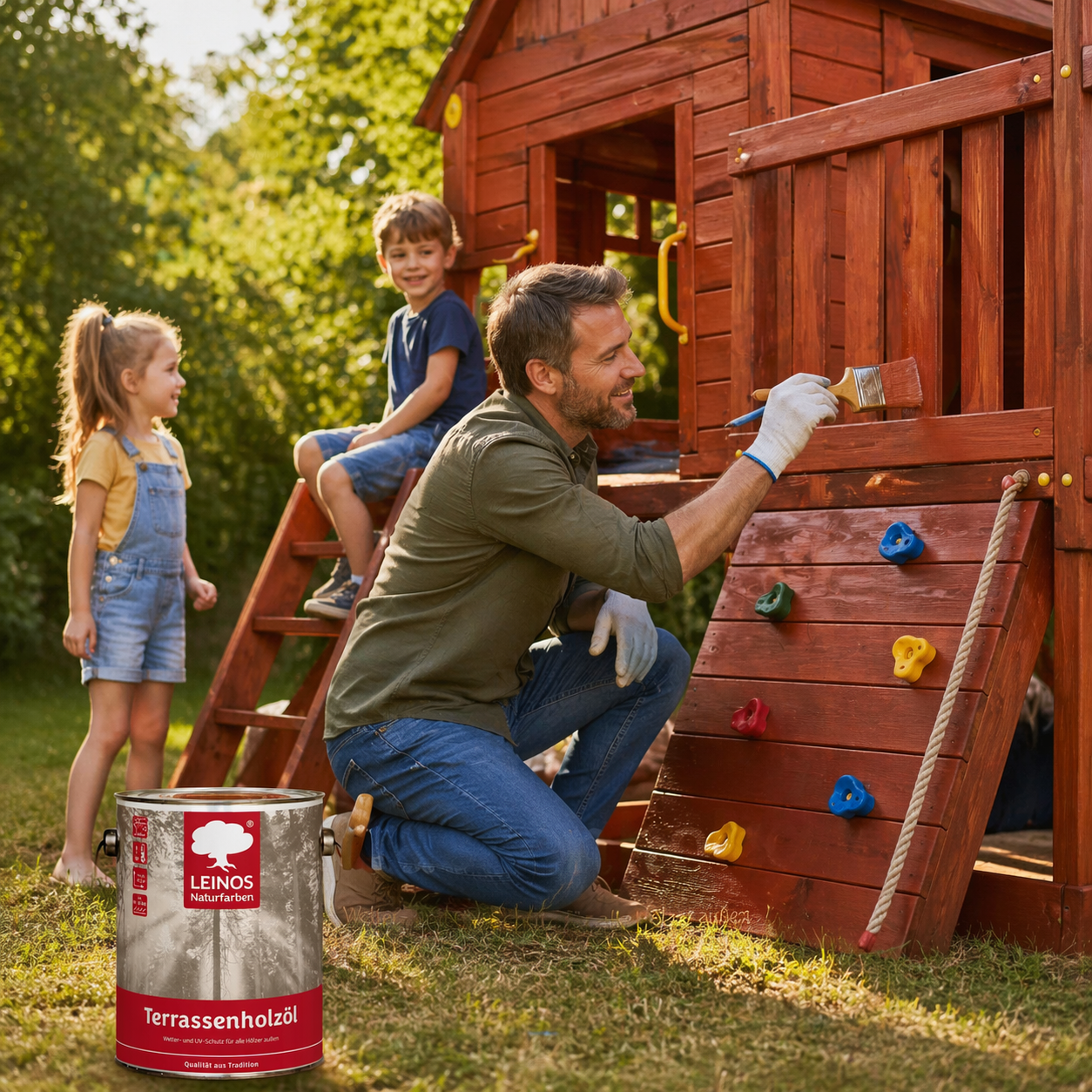 Leinos Terrassenholzöl 2,5l rötliches Premium Holzschutzöl für Lärche, Eiche, Teak & Akazie, Teaköl & Lärchenöl für Gartenmöbel & Terrassen