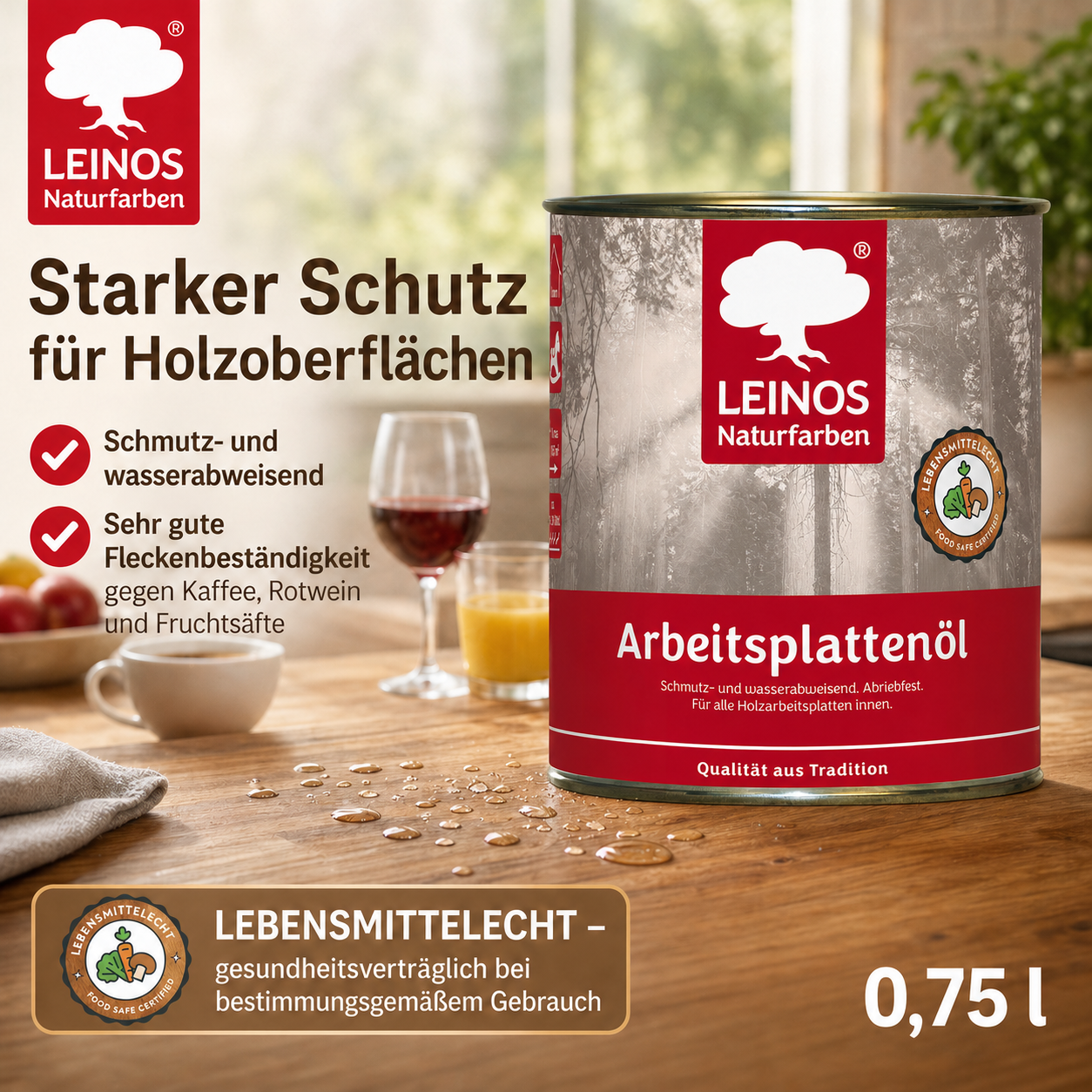 LEINOS 280 Arbeitsplattenöl für Innen 0,75 l |  Imprägnierung von Küchenarbeitsplatten, Möbeloberflächen und Kinderspielzeug aus Holz. | speziell Küchenbereich