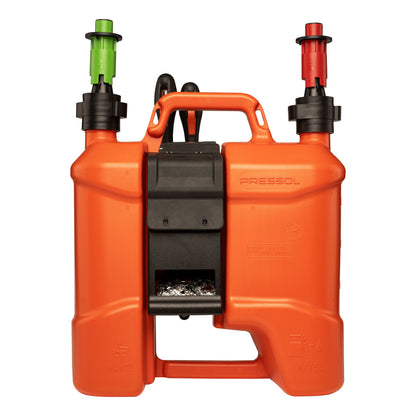 Pressol Kombi-Kraftstoffkanister-5l+3l, PE-Werkzeugtasche | 5 Liter Kraftstoff | 3 Liter Kettenöl | 	HDPE (Polyethylen hoher Dichte) | Farbe Orange