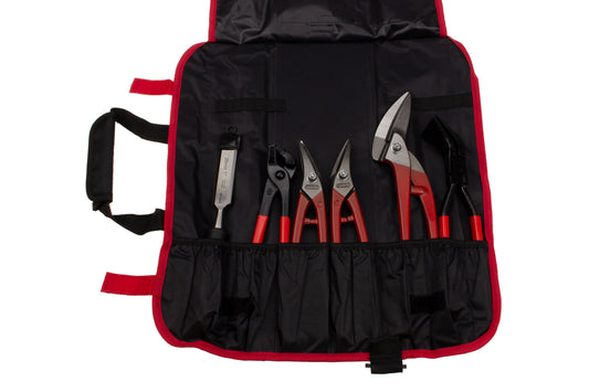 STUBAI Spenglersatz 12-tlg. in Rolltasche mit Durchlaufschere, Blechscheren, Falzzange, Falzaufbiegezange, Anreißwerkzeugen, Bit-Set und Stemmeisen