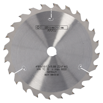 STEHLE Kreissägeblatt 165x1,6/1,2x15,88mm Z24 F/WS Massivholz – sehr feiner Schnitt · Dünnschnitt für Akku-Handkreissägen · für Hart- und Weichholz
