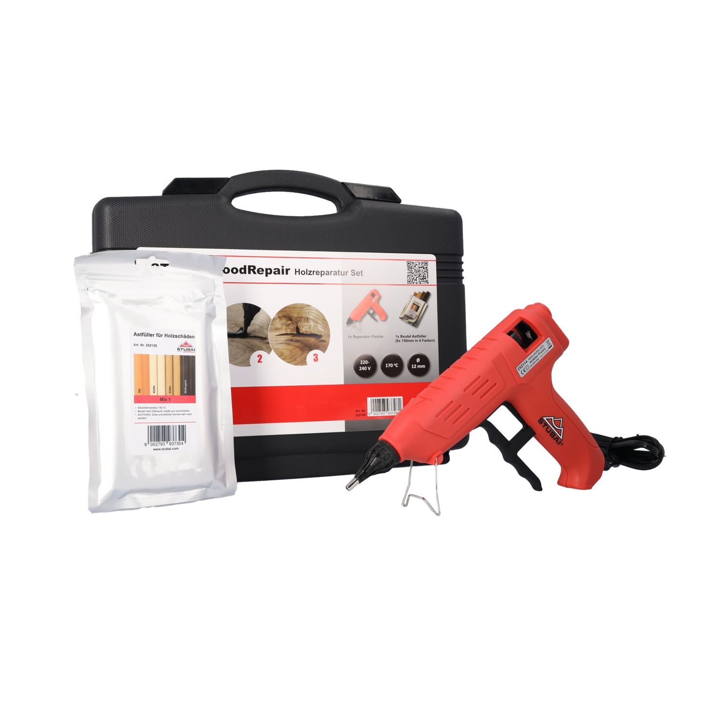 STUBAI WoodRepair Holzreparatur Set BASIC mit Astfüller-Pistole 80W & 8 Stäben Mix 1 – für Knoten, Risse und Holzschäden – Reparatur für Fenster, Parkett, Möbel – Profi & Heimwerker Set im Koffer