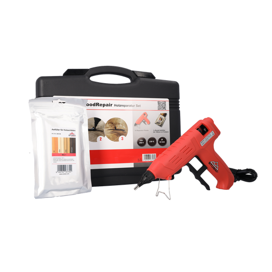 STUBAI WoodRepair Holzreparatur Set BASIC mit Astfüller-Pistole 80W & 8 Stäben Mix 1 – für Knoten, Risse und Holzschäden – Reparatur für Fenster, Parkett, Möbel – Profi & Heimwerker Set im Koffer