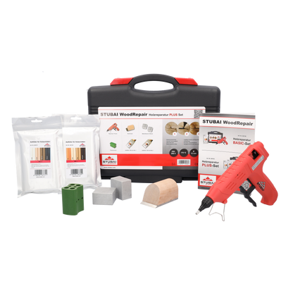STUBAI WoodRepair Holzreparatur Satz PLUS+ mit Astfüller-Pistole 80W, Kompaktbeutel Mix 1+2, Kühleisen, Handhobel & Farbwechsler