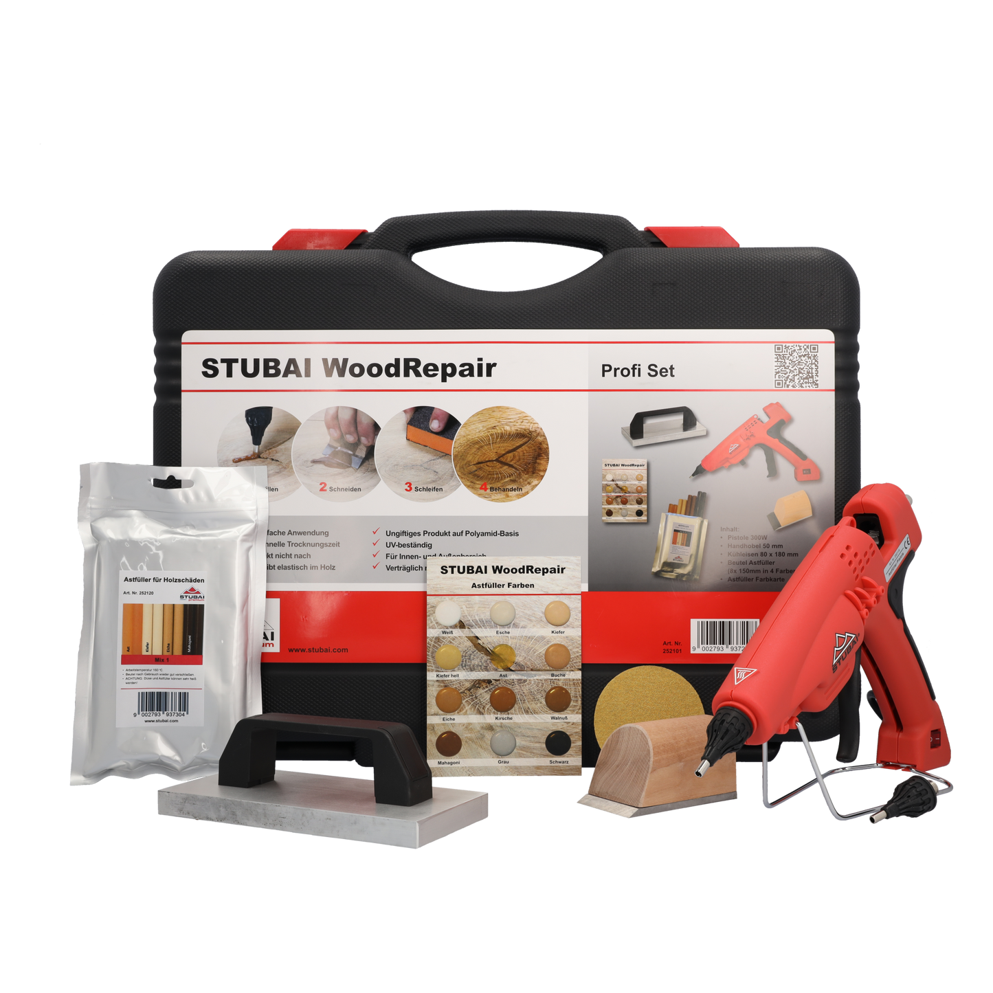 BCD360 Holzreparatur-Set Profi-Koffer | Komplettes Astfüller-System für professionelle Holzreparaturen | inkl. Pistole mit Thermostat, Kühleisen, Hobel, Farbwechsler & 8 Füllstäbe MIX