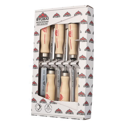 STUBAI 3531 Spezial Stemmeisensatz Stechbeitel Set mit Holzgriff aus Weißbuche, schwedische Form, 6-teiliges Set (6, 10, 13, 16, 20, 26 mm), Stemmeisen zur präzisen Bearbeitung von Holz, Stecheisen für Schreiner Tischler Heimwerker
