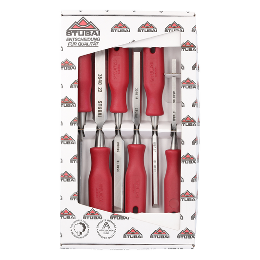 STUBAI 3540 Stemmeisensatz Stechbeitel Set mit rotem Plastikgriff & extra langer Klinge, 6-teilig (6,10,14,18,22,26 mm), Stemmeisen zur präzisen Bearbeitung von Holz hochwertiges Werkzeug für Schreiner Tischler Heimwerker