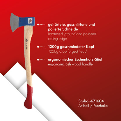 Astbeil / Putzhacke 6716 | breite Form, schlanke Schneide, geschmiedet & poliert | 1200 g Kopfgewicht | Eschenholzstiel geschweift | Schneidenschutz | zum Fällen & Entasten | von STUBAI