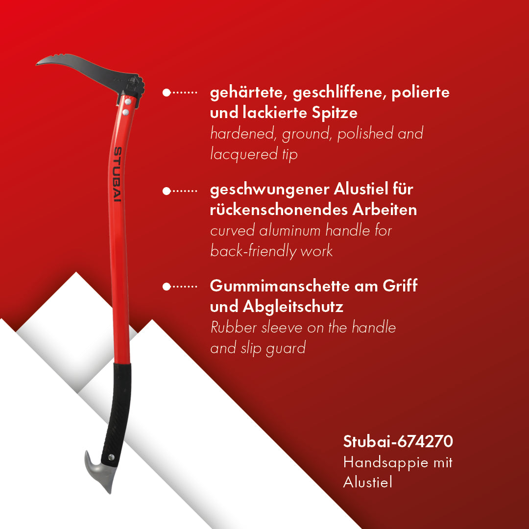 STUBAI HANDSAPPIE mit ergonomisch geschweiftem Alustiel 700 mm – Astschlepper und Handsappel zum Aufnehmen, Bewegen und Transportieren von Holzstücken und Baumstämmen – leicht und robust