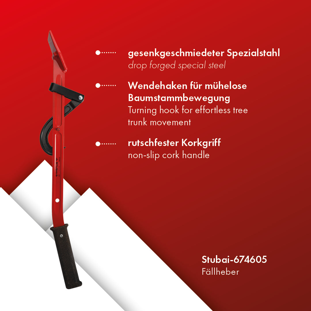 STUBAI Fällheber mit Wendehaken 80 cm Länge, geschmiedet aus Spezialstahl, ergonomischer Korkgriff, Forstwerkzeug zum Drehen & Fällen von Bäumen, FPA-zertifiziert, rot, rückenschonend, 80 cm Länge